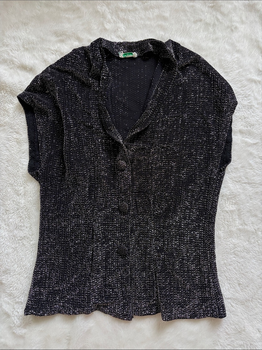 Vintage Metallic Black Short-Sleeve Button Front Top